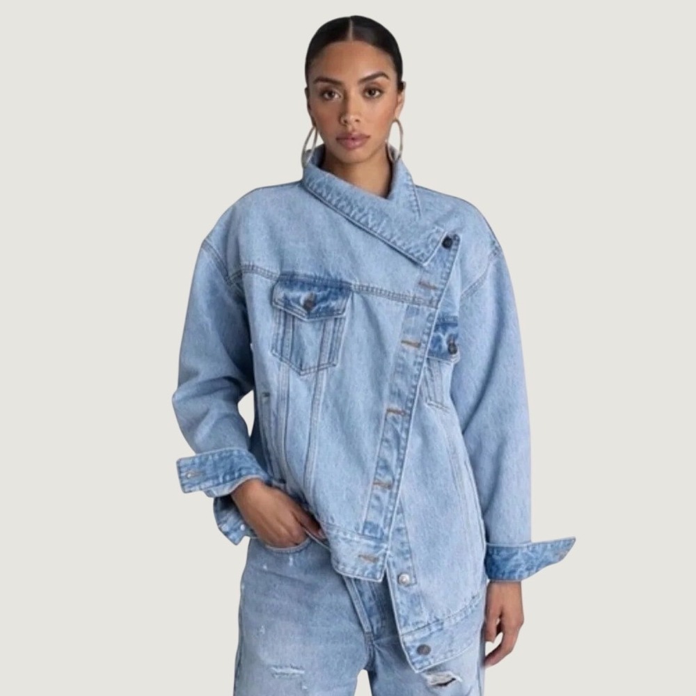KBB by Kahlana Barfield Brown Asymmetrical Denim Jacket Light Wash Large NEW